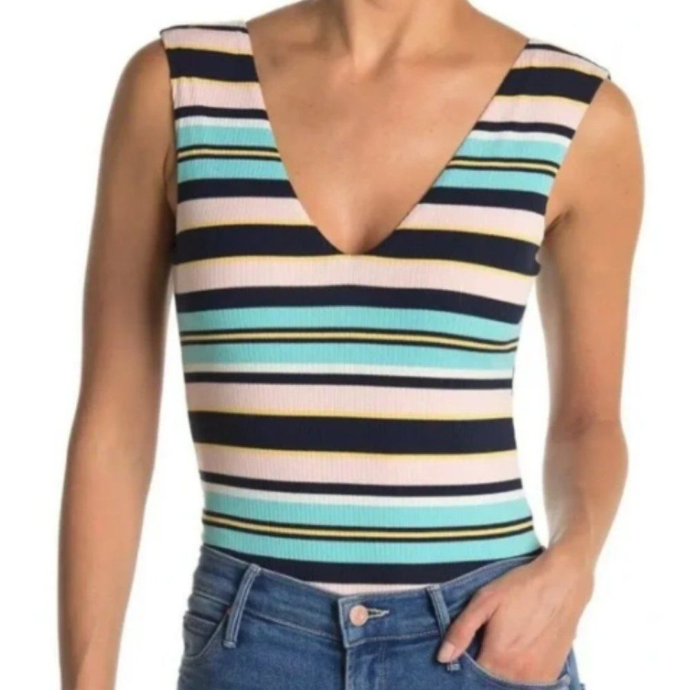 Afrm Mooni Striped Ribbed V-neck Bodysuit Pink Multi Size XS